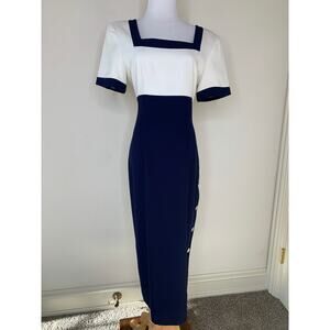Vintage Liz Claiborne Midi Dress Blue Cream Colorblock Side Button Sz 6